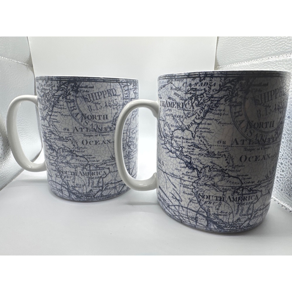 222 Fifth Due North Blue Vintage Map Fine China Coffee Mugs Set of 2